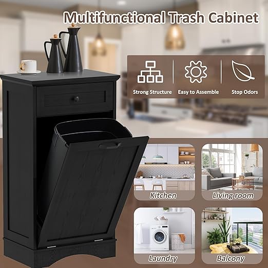 13 Gallons Tilt Out Trash Cabinet Freestanding Kitchen Trash Bin Cabinet Wood Garbage Recycling Cabinet with Hideaway Drawer Pet Proof Trash Can Holder for Kitchen Living Room, Dark Black