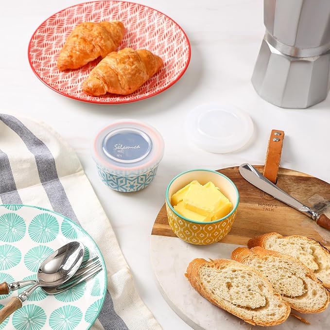 Selamica Ramekins with Lids 4 oz Oven Safe, Creme Brulee Ramekins Souffle Dishes with Covers, Stackable Ceramic Mini Ramekin Bowls Set for Dipping, Custard, Pudding, Baking, Set of 6, Assorted Colors