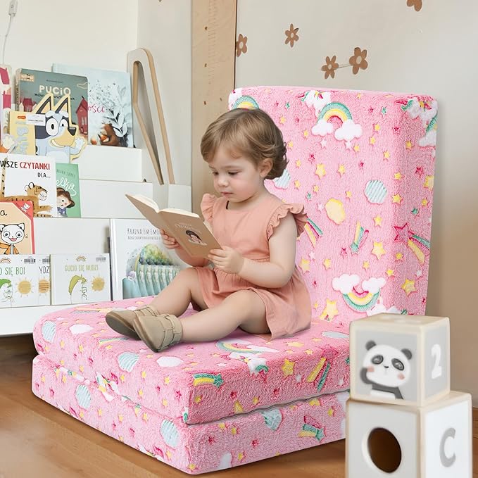 MeMoreCool Glow Pink Unicorn Foldable Floor Mattress for Kids, Trifold Nap Mat for Toddlers, Portable Daycare Sleeping Futon or Floor Bed, 57x22 Inch