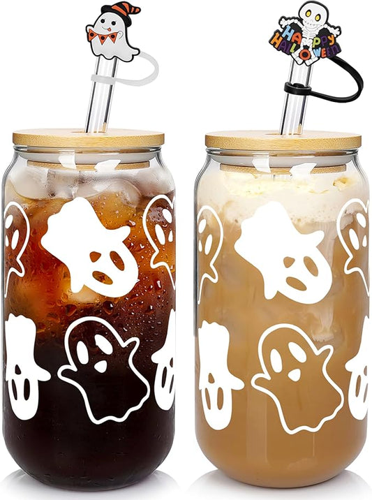 ANOTION Halloween Mugs - 18oz Halloween Ghost Decorations Glass Cups Tumbler for Iced Coffee, Glassware Cookie Jar Decor Gift Drinking Water Bottles