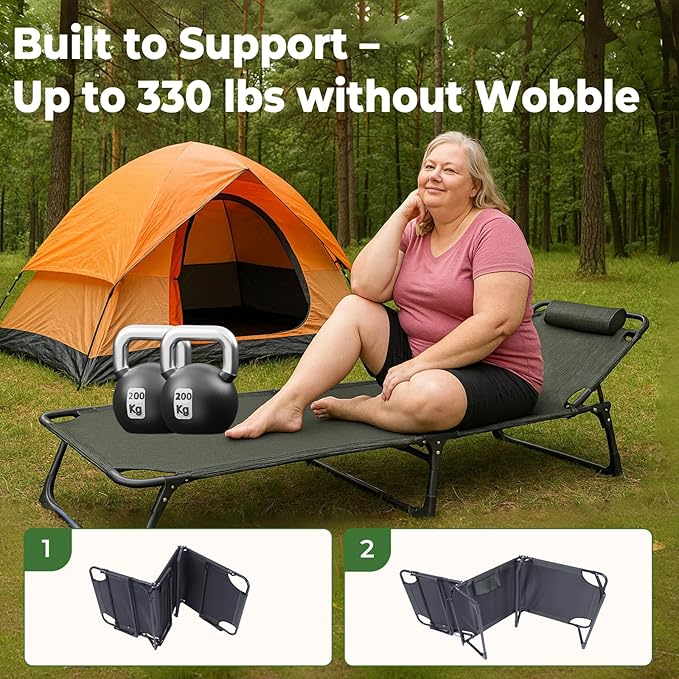 Portable Camping Cot for Adults with Removable Mattress, Double Layer 1200D 330lb Foading Cot, Heavy Duty Camping Bed with Pillow, 4-Position Reclining for Guest Sleeping (Gray)