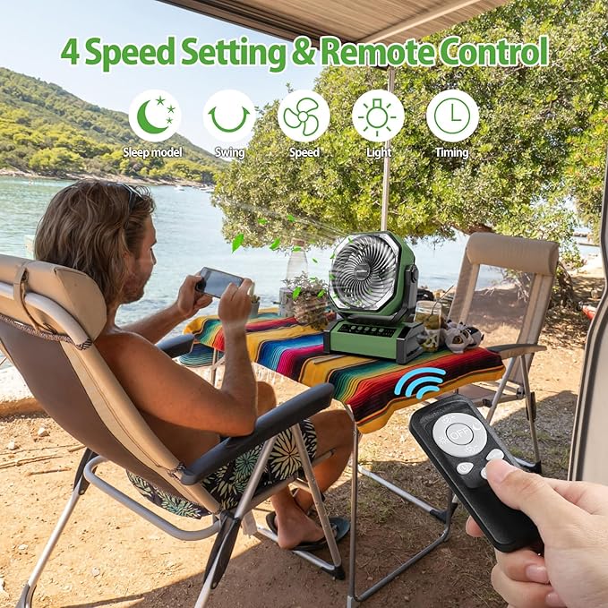 20000mAh Rechargeable Camping Fan - Battery Operated Fan with Light & Remote, Auto Oscillating, 4 Timer, 60 Hrs Work Cordless Tent Fan for Travel Outdoor RV Garage Power Outage Emergency