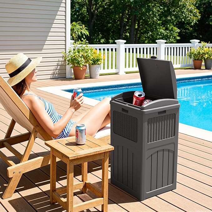 Greesum 33 Gallon Outdoor Trash Can with Lid, Waterproof Resin Garbage Bin for Hideaway, Deck, Patio, 4 Pack, Gray
