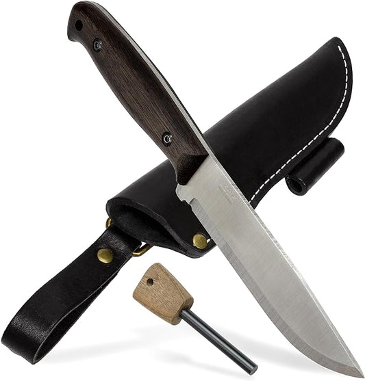 BPS Nighthawk Adventurer - Fixed-Blade Stainless Steel Survival Knife - Black Leather Sheath and Firestarter - Outdoor Full Tang Bushcraft Knife