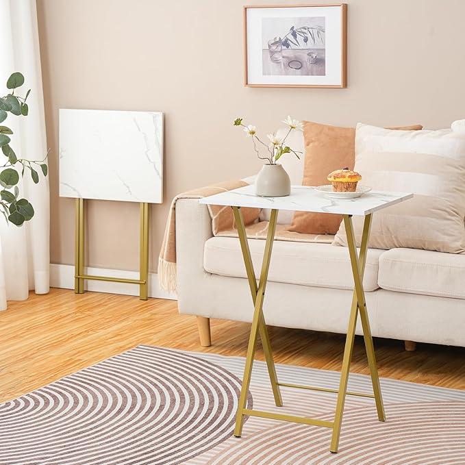 HOOBRO Folding TV Tray Tables, Set of 2 Stable Snack Table for Small Space, Portable Sofa Side Table, Easy Assembly and Storage, Ideal for Snacks and Meals in Living Room, Marble and Gold DM25BZ01