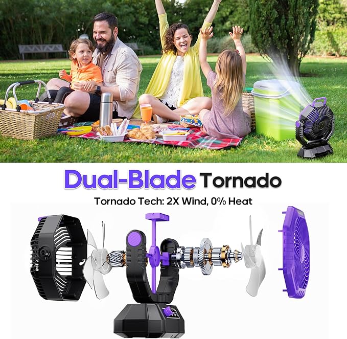AJVV Camping Fan Rechargeable, Battery Powered Fan With Remote Controller, LED Light, Dual Motors, Stepless Speed, 45°/90°/270° Swing,Timer, Portable fan For Travel/Tent/Beach/Fishing,Violet