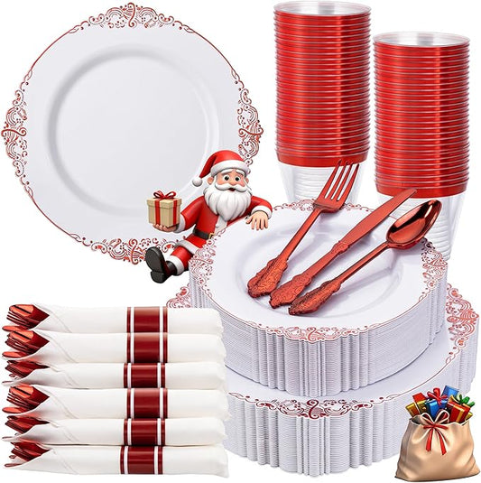 Nervure 175PCS Red Plastic Plates - White Red Plastic Dinnerware Sets for 25 Guests - 50 Red Disposable Plates, 25 Pre Rolled Cutlery Set, 25 Cups Perfect for Wedding, Party & Christmas
