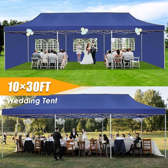 HOTEEL Tents for Parties 10x30 Heavy Duty Pop Up Canopy Tent with 5 Sidewalls&Wheeled Bag, Commercial Event Party Tent Wedding Instant Canopy Waterproof, UV 50+, Upgrade Thick Hexagonal Leg, Deep Blue