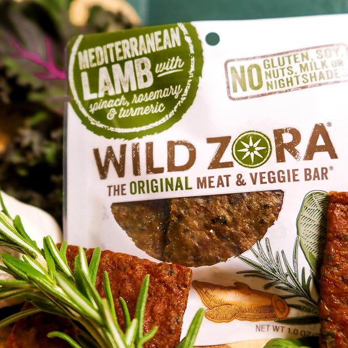 Wild Zora Meat & Veggie Bars, Mediterranean Lamb, 10-Pack, 100% Grass Fed Lamb, Healthy Jerky Paleo Snacks, AIP Friendly, Gluten Free, Soy Free, High Protein, No Added Sweetener, Lamb Jerky Snacks