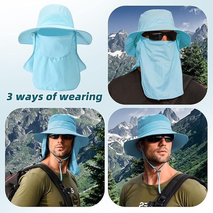 Fishing Hat for Men Sun Protection Hat with Removable Mesh Face Neck Flap Cover Windproof Strap for Men and Women