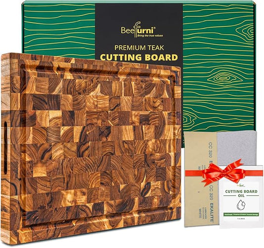 BEEFURNI Teak Wood End Grain Cutting Board (M, 18x14x1.5"), Wooden Cutting Boards for Kitchen with Juice Groove Hand Grip, Durable Serving Board, Charcuterie Boards, Christmas Gifts, 1 Year Warranty