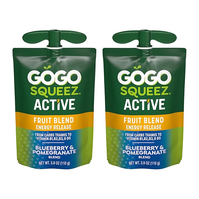 GoGo squeeZ Active Fruit Blend Energy Release|18-Count Variety Pack|Tropical Fruit Punch and Blueberry & Pomegranate|Made with Real Fruit and B Vitamins