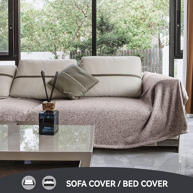 KAWAHOME Summer Sweatshirt Blanket Queen Size for Bed-Lightweight Breathable Blankets,Soft Thin Knit Jersey Blanket for Hot Sleepers,90 X 90 Inches, Heather Brown