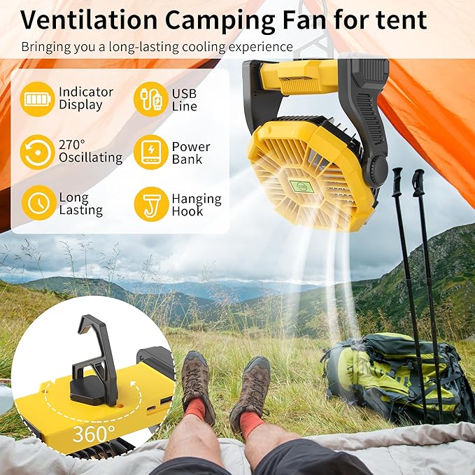 Portable Camping Fan Cordless Battery Powered，270° Rotating Portable Battery Operated Rechargeable Fans, 360° Hanging Hook, USB Personal Outdoor Camping Fans for Tents,Travel X23 Yellow