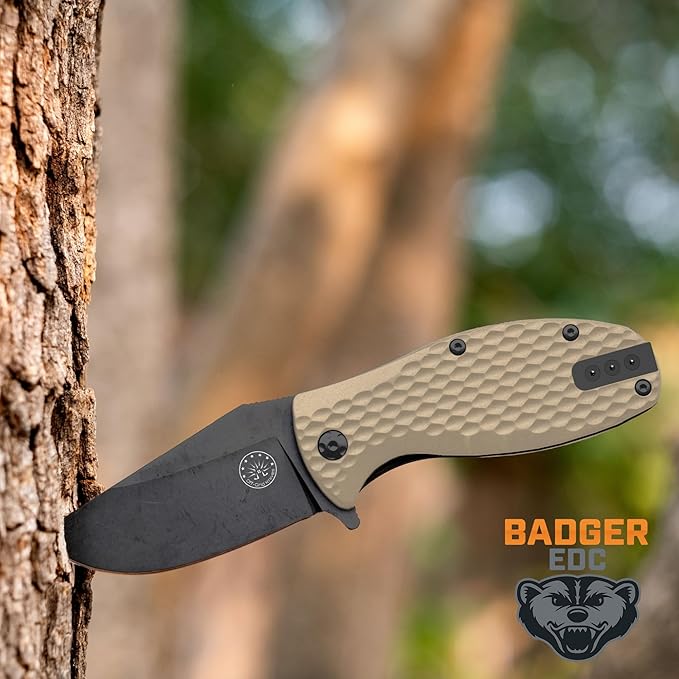 Off-Grid Knives - Badger EDC Folding Knife with Sandvik 14C28N Blade, Ball Bearing Pivot, G10 Scales, Grid-Lock, Ambidextrous Deep Carry Clip (Coyote)