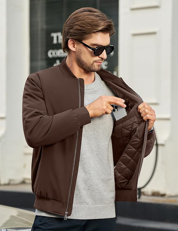 Cotrasen Mens Bomber Jacket Fall Winter Warm Windbreaker Casual Full Zip Padded Coats with Pockets