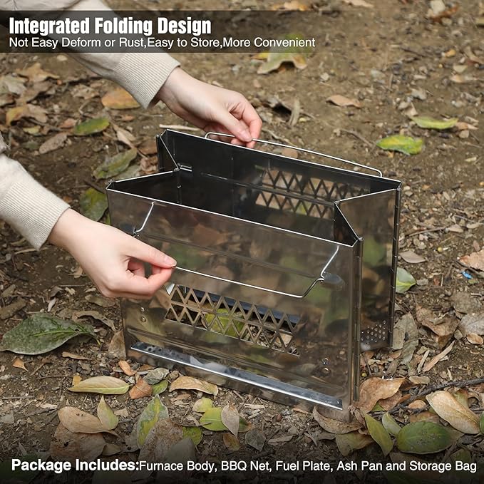 REDCAMP Wood Burning Folding Camp Stove Stainless Steel Grill, Rectangle Style Portable Collapsible Backpacking Stove Survival Rocket Stove for Hiking Outdoor Tent Camping Picnic BBQ, Large