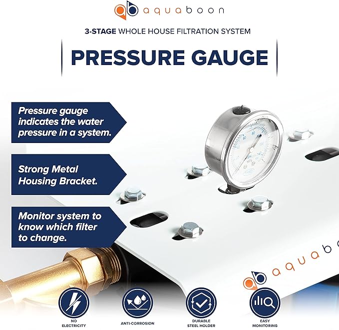 Aquaboon 3-Stage Whole House Water Filter System Against Chlorine & Sediment with 20x4.5 Water Filters Cartridges, Gauge & Release, Wrench, Bracket
