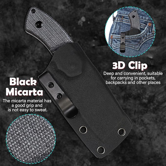 KANSEPT Knives Korvid S Fixed blade Hunting Camping Hiking Knife with 2.9''14C28N Cleaver Fixed Blade and Black Micarta Handle, Kydex Sheath for Men Women Everyday Carry G2030A1