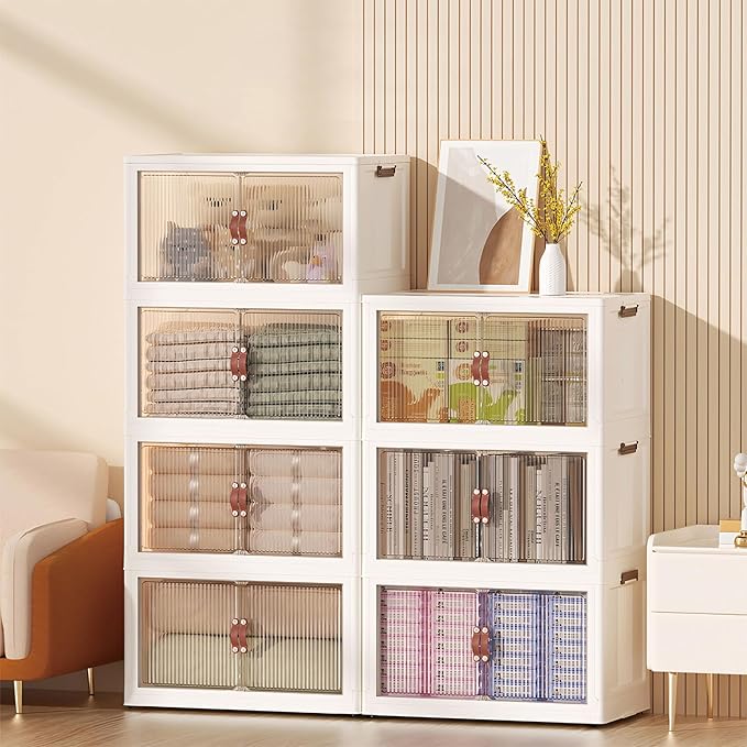 3 Tier Storage Bins with Lids, 104QT Collapsible Plastic Storage Bins, Folding Storage Boxes with Doors, Stackable Storage Organizer for Home, Office and Dorm