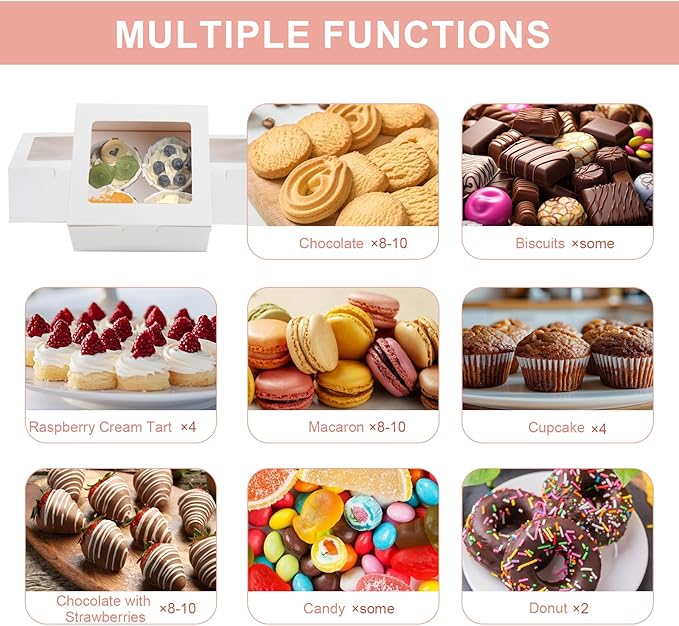 OAMCEG 50 PCS White Cupcake Boxes with Window, 6x6x3 Inch Cookie Boxes, Bakery Containers for Pastry, Dessert, Chocolate Strawberries, Treat Boxes with Stickers & Jute Twine