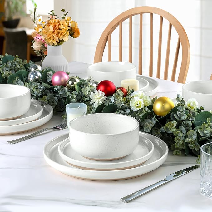 LIANYU 18-Piece Dinnerware Sets for 6, Stoneware Dinner Plates and Bowls, Kitchen Dining Dishes Set, Dishwasher & Oven Safe, Snowy White