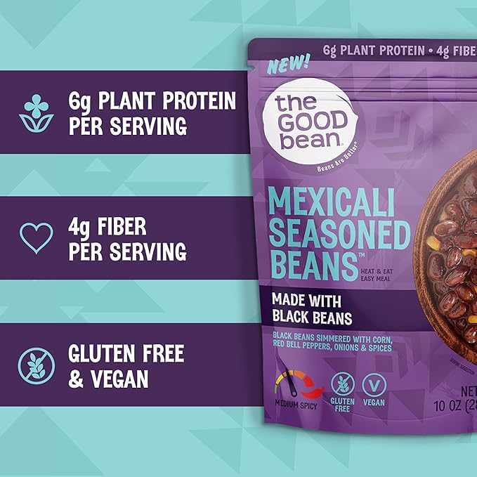 The Good Bean Heat and Eat Microwaveable Pouch - Mexicali Seasoned Beans - (4 Pack) 10 oz Pouch - Simmered Black Beans with Corn