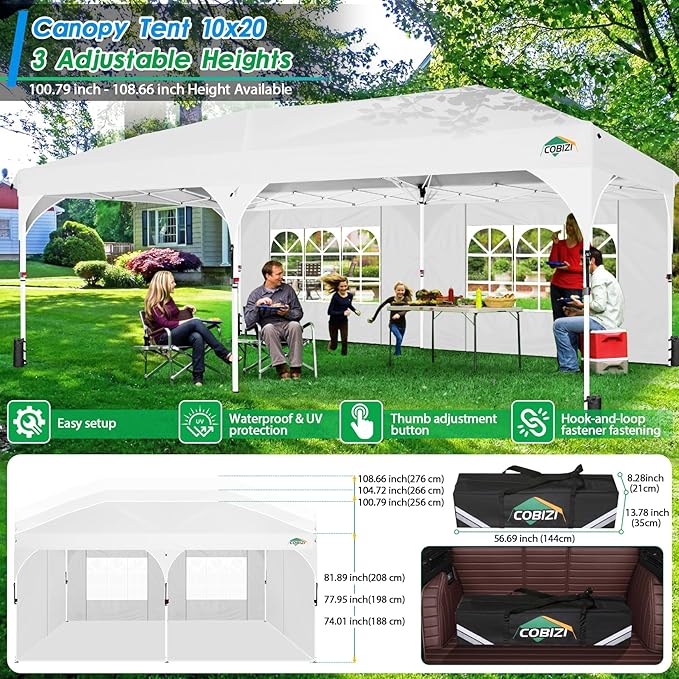 COBIZI 10x20 Pop up Canopy Tent with 4 Sidewalls Outdoor Canopy Tent for Party with Push Center Lock & Air Vent, 2000mm+Waterproof Gazebo Canopy UPF 50+with 4 Sandbags,12 Stakes & 6 Ropes,White