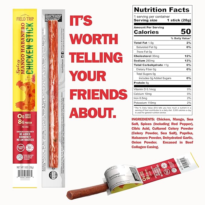 Field Trip Spicy Mango Habanero Chicken Jerky Sticks - Hormone Free, Zero Sugar, Keto, Paleo, Gluten Free, and Allergy Friendly Snack - 50 Calorie, High Protein Snacks - 1oz, 10 Pack