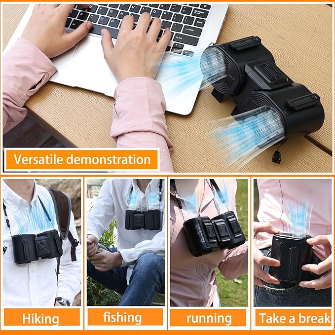 Portable Waist Fan Detachable Dual-Fan Combination Turbo Technology10000 mAh 5-Speed 13000RPM Clip On Belt Wearable Personal Neck Fan for Traveling Outdoor Jobsite Camping (BLACK)