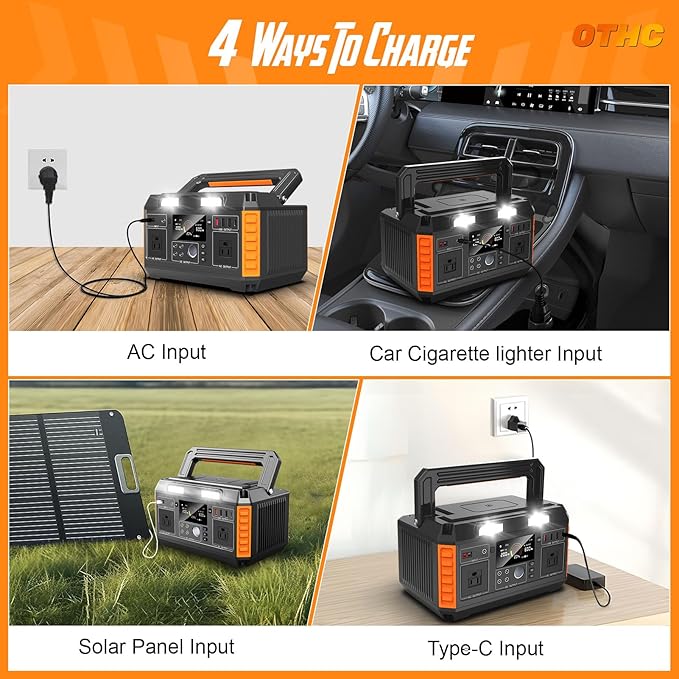 Portable Power Station 600W Output（1000W peak） 520Wh Capacity, fast charging, 4-Way Charging, Wireless Phone Charging, BMS Battery management system.
