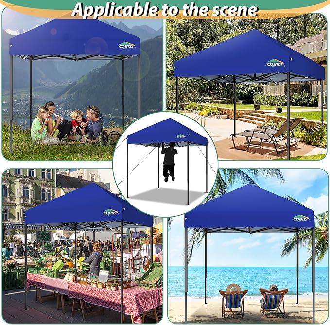 COBIZI 6.6x6.6ft Pop Up Canopy Tent, Heavy Duty Canopy Easy Set up All Weather Waterproof Outdoor Canopy Tent for Parties, Beach, Garden, Camping with 1 Handbag, UPF50+, Deep Blue