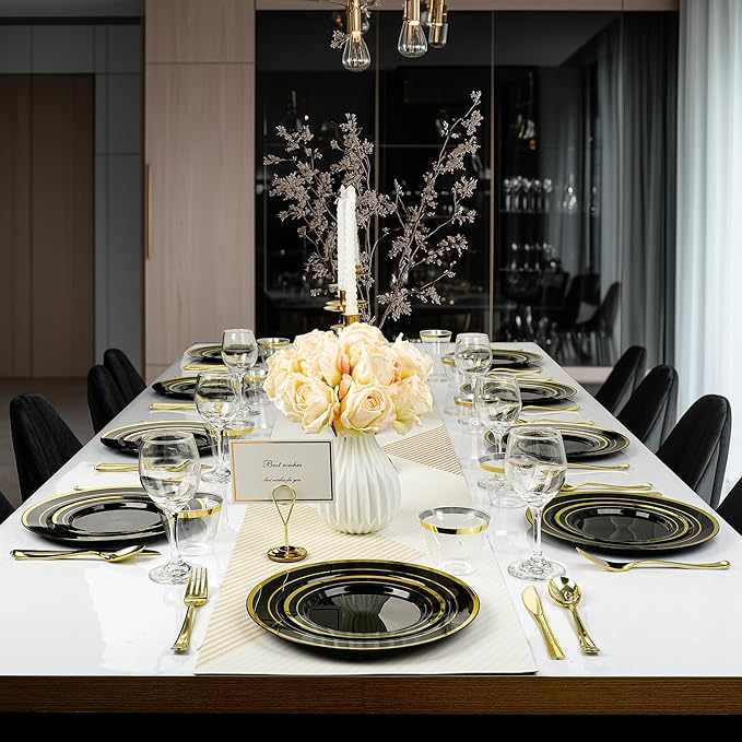 600PCS Black Gold Dinnerware Set for 100 Guests, Plastic Plates for Halloween Party and Christmas, 100 Disposable Plates, 100 Dessert Plates, 100 Cups, 100 Spoons, 100 Forks and 100 Knives