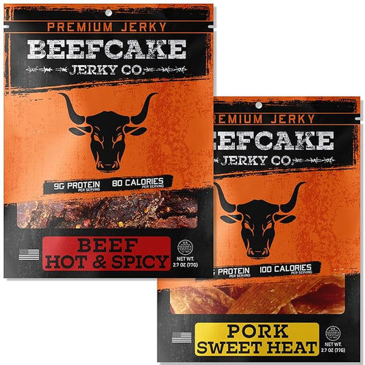 BEEFCAKE Jerky Spicy Duo- Beef Jerky Sweet Heat Pork & Hot Spicy Beef Meat Snacks, 9 Gram of Protein and 100 Calories 2.7 Oz | Pack of 2