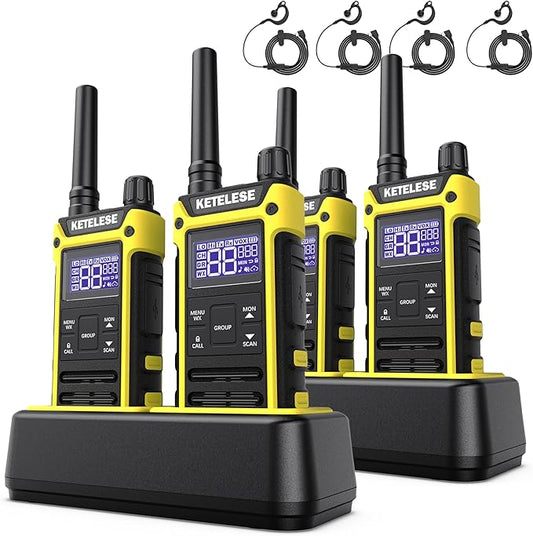 T3F IP67 Waterproof Two Way Radios, FRS Walkie Talkie 4 Pack with Earpieces,USB C Charge Dock,Group Talk,Flashlight,VOX,Weather Alert, for Adults, Black/Yellow
