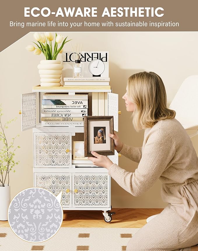 3 Tier Metal Storage Bins and Boxes Organizer, Magnetic Doors & 360°Swivel Lockable Wheels, Easy,labor-Saving, Ocean Life Cutout Pattern, Eco-Aesthetic for Living Room,Bedroom,bathroom,kitchen