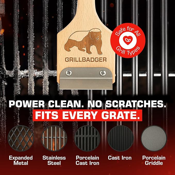 The Original Non Metal Grill Brush for Outdoor Grill – Natural Wooden BBQ Cleaner with Grill Scraper, High-Temp Heat Resistant BBQ Cleaning Brush, Safe for Cast Iron Grates, Outdoor Tools