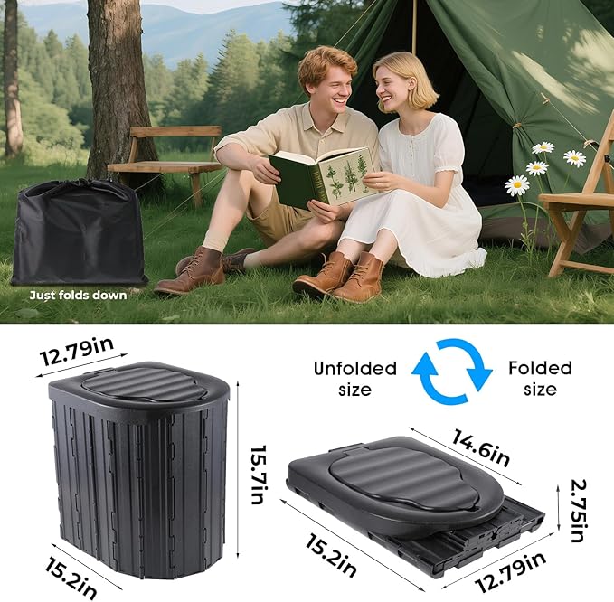 Portable Toilet for Adults, Foldable Plastic Toilet, with Lid and Paper Holder Travel Porta Potty for Adults Camping, Hiking, RV, Fishing, Beach, Road Trip, Truck, Hunting (black-15.7''H)