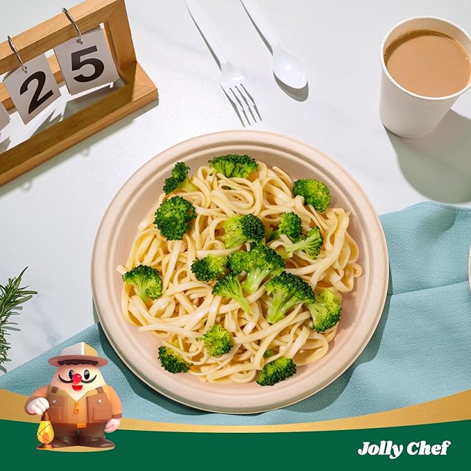 JOLLY CHEF Compostable Heavy Duty Plates 𝟭𝟬 𝗜𝗻𝗰𝗵 [𝟱𝟬𝟬 𝗣𝗮𝗰𝗸] Eco-Friendly Disposable Paper Plates Made of Bagasse Biodegradable Bulk for Party Dinner Sugarcane Fibers Round (Natural)