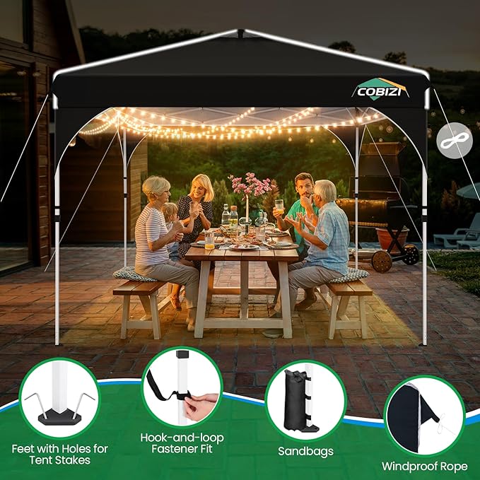 COBIZI 10x10 Pop Up Canopy Tent with 3 Removable Sidewalls & Air Vent | Waterproof Instant Setup 90s, Commercial-Grade Gazebo Tent for Camping/BBQ/Events | Includes Sandbags, Stakes & Ropes (Black)