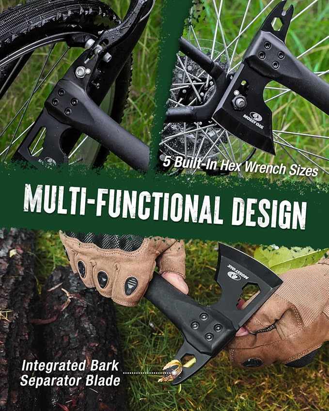 MOSSY OAK 12" Camping Axe and Survival Hatchet with Sheath, Compact Outdoor Multitool Hatchet with Hex Wrench Slots, Non-Slip Dual-Color Handle, Small Camping Gear for Hiking, Chopping, Hunting