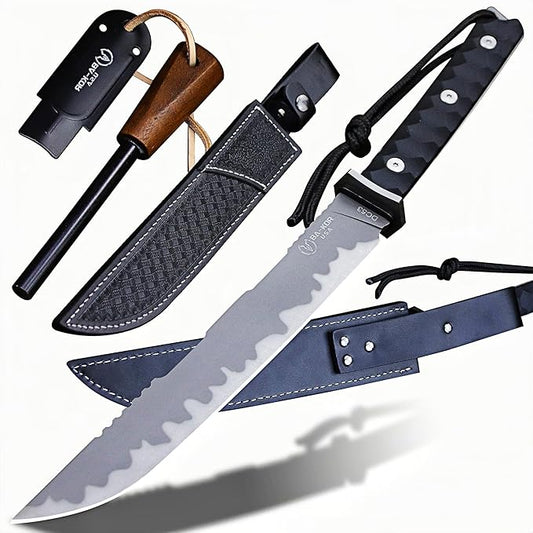 BA-KOR Japan tanto DC53 Full Tang 17.2in Survival Knife with Fire Starter, 5mm Thick Blade, Jungle Fixed Blade Leather Sheath for Hunting, Camping, Bushcraft