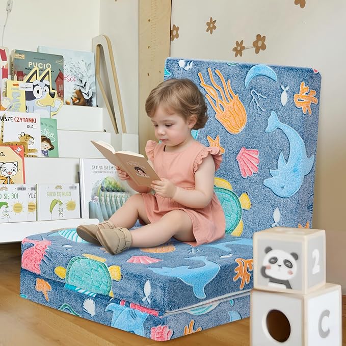 MeMoreCool Foldable Floor Mattress for Kids, Glow Toddlers Trifold Nap Mat, Kids Folding Mattress Portable Sleeping Futon for Daycare or Floor Bed, 57x22 Inch Blue