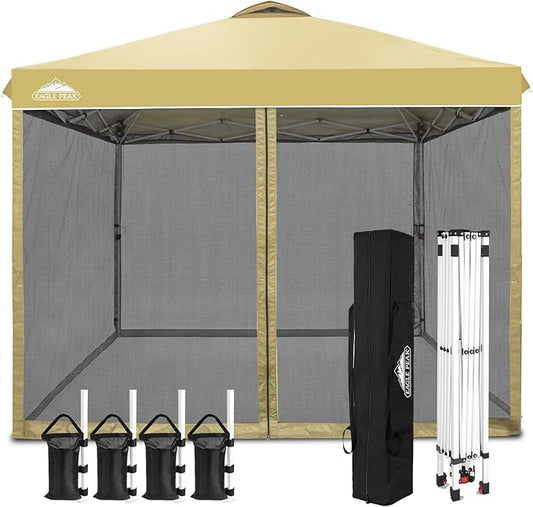 EAGLE PEAK 10x10 Outdoor Easy Pop up Canopy with Netting, Instant Screen Party Tent with Mesh Side Walls, Beige