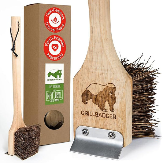 The Original Non Metal Grill Brush for Outdoor Grill – Natural Wooden BBQ Cleaner with Grill Scraper, High-Temp Heat Resistant BBQ Cleaning Brush, Safe for Cast Iron Grates, Outdoor Tools