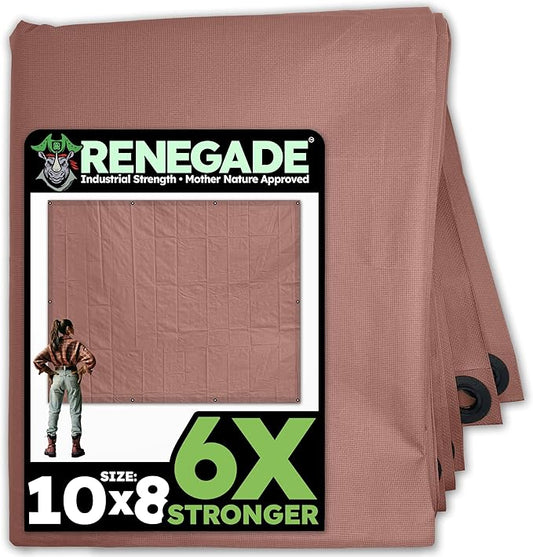 RENEGADE Industrial Tarp 10x8 ft Brown – Heavy Duty, Waterproof, UV-Resistant, PFAS-Free – All-Purpose Tarpaulin for Construction, Outdoor Projects, Camping & Equipment