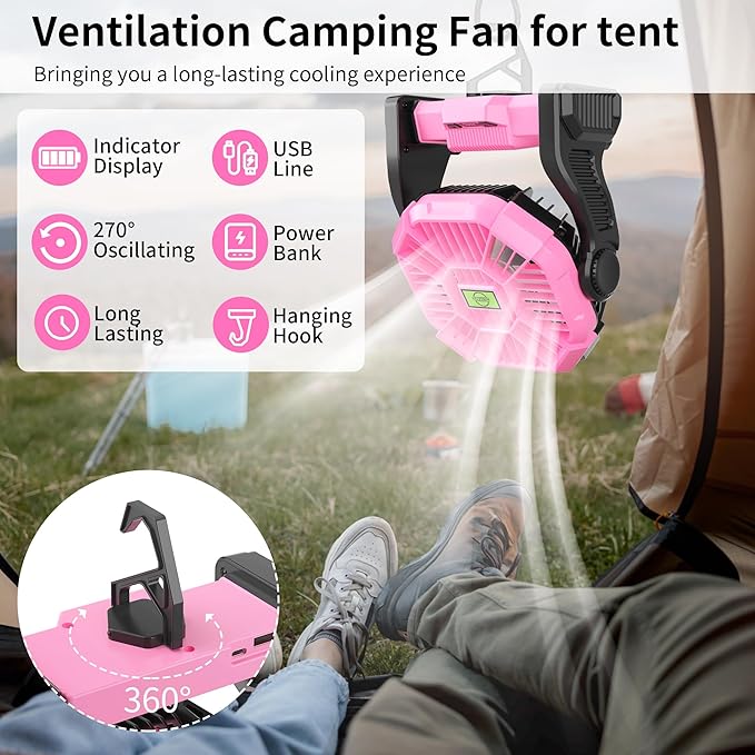 Battery Powered Fan Rechargeable,Cordless Camping Fan with Led Lights & 360°Hook, USB Battery Operated Fans for Women,4 Speeds Tent Portable for Traveling X23 Pink