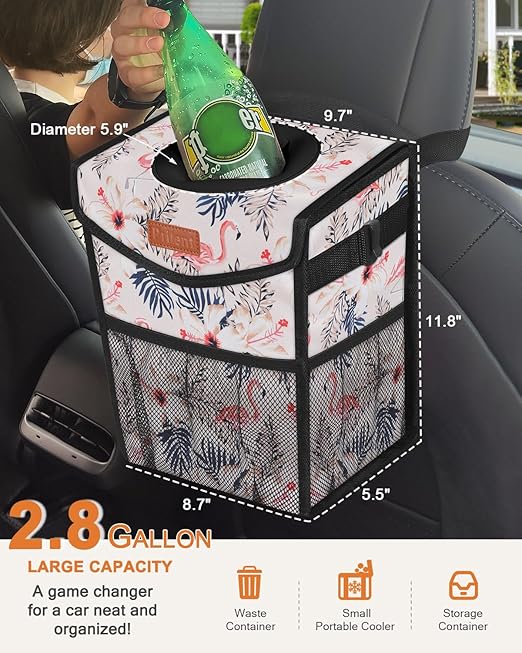 Car Trash Can with Lid, Cute Leakproof Car Trash Garbage Bag Hanging Vehicle Trash Bin Small Portable Automotive Garbage Cans Organizer for Back/Front Seat/Console(2.8 gal,Flamingo Print