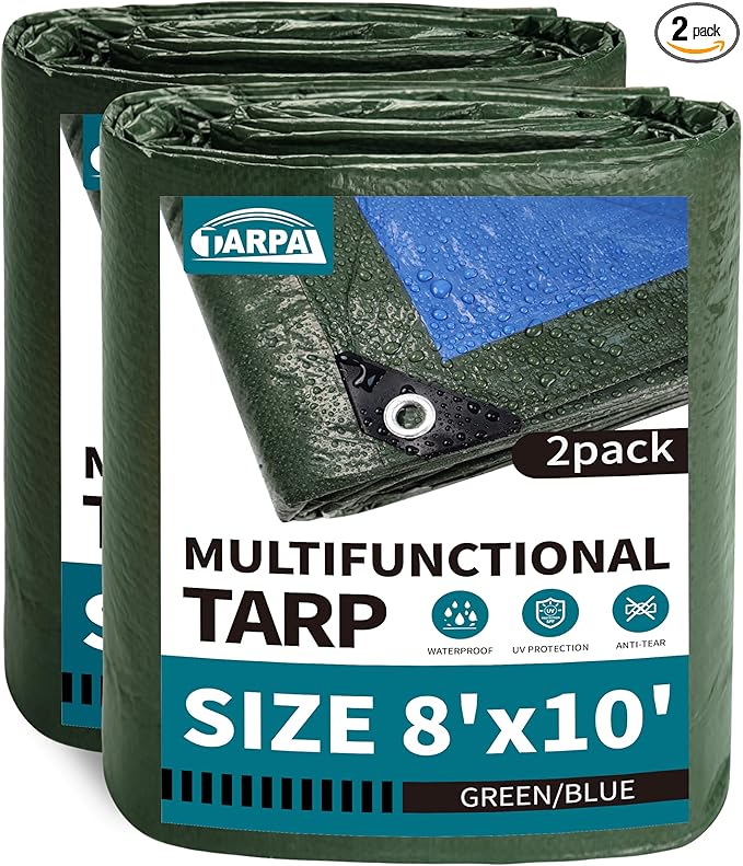 TARPAL Waterproof Tarp 8x10 Feet Green Tarps (2 Pack) Lightweight tarps Multipurpose Protective Cover All Purpose Poly Tarps Cover for Firewood Outdoor Furniture etc