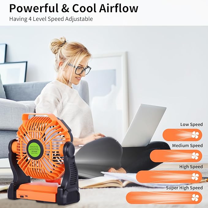 Portable Fan Battery Powered Fan Rechargeable,270°Pivot Battery Operated Camping Fans with LED Light & Hook,USB Personal Rechargeable Outdoor Camping for Tent, Travel
